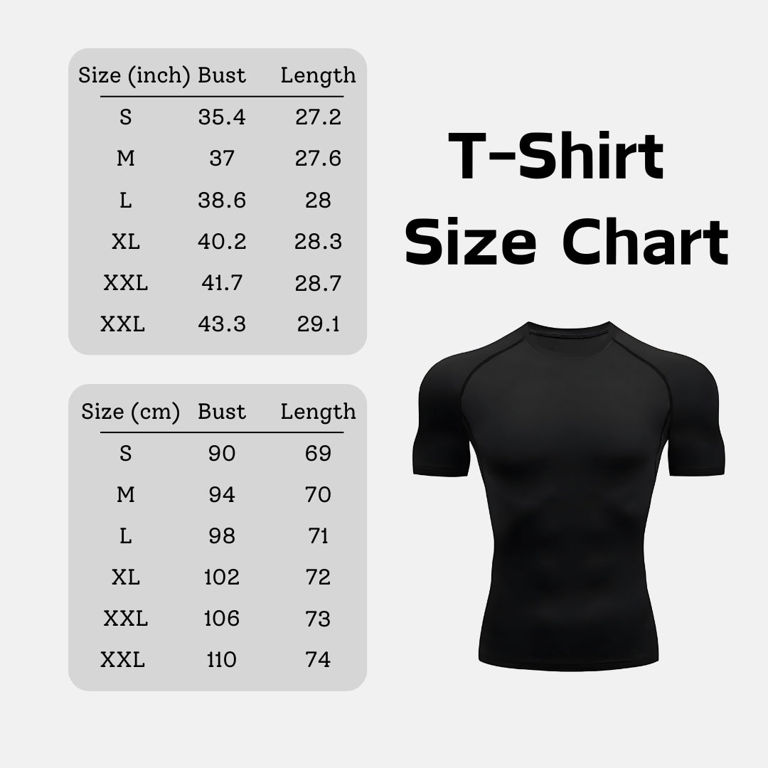 T-shirt size chart with measurements in inches and centimeters on a white background