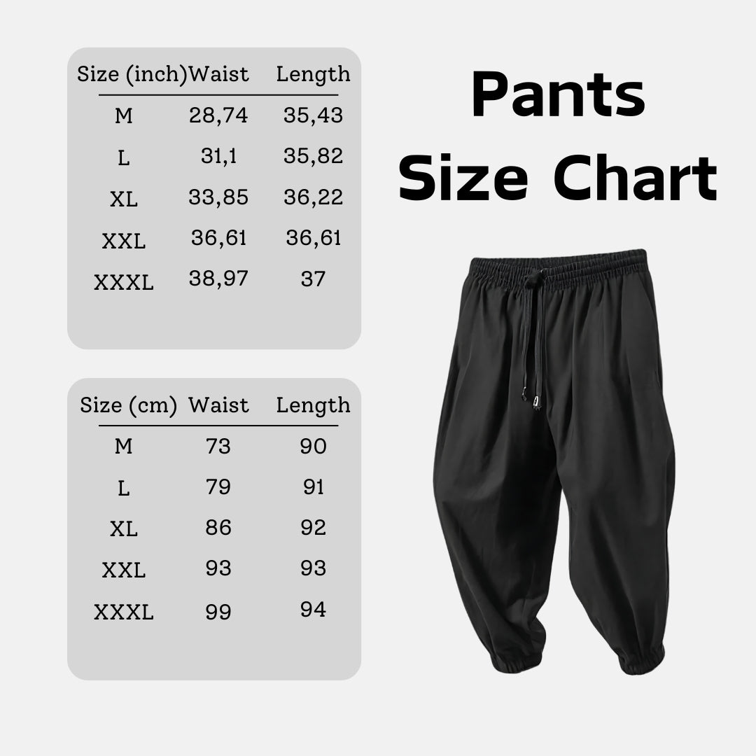 Pants size chart with black pants on a white background