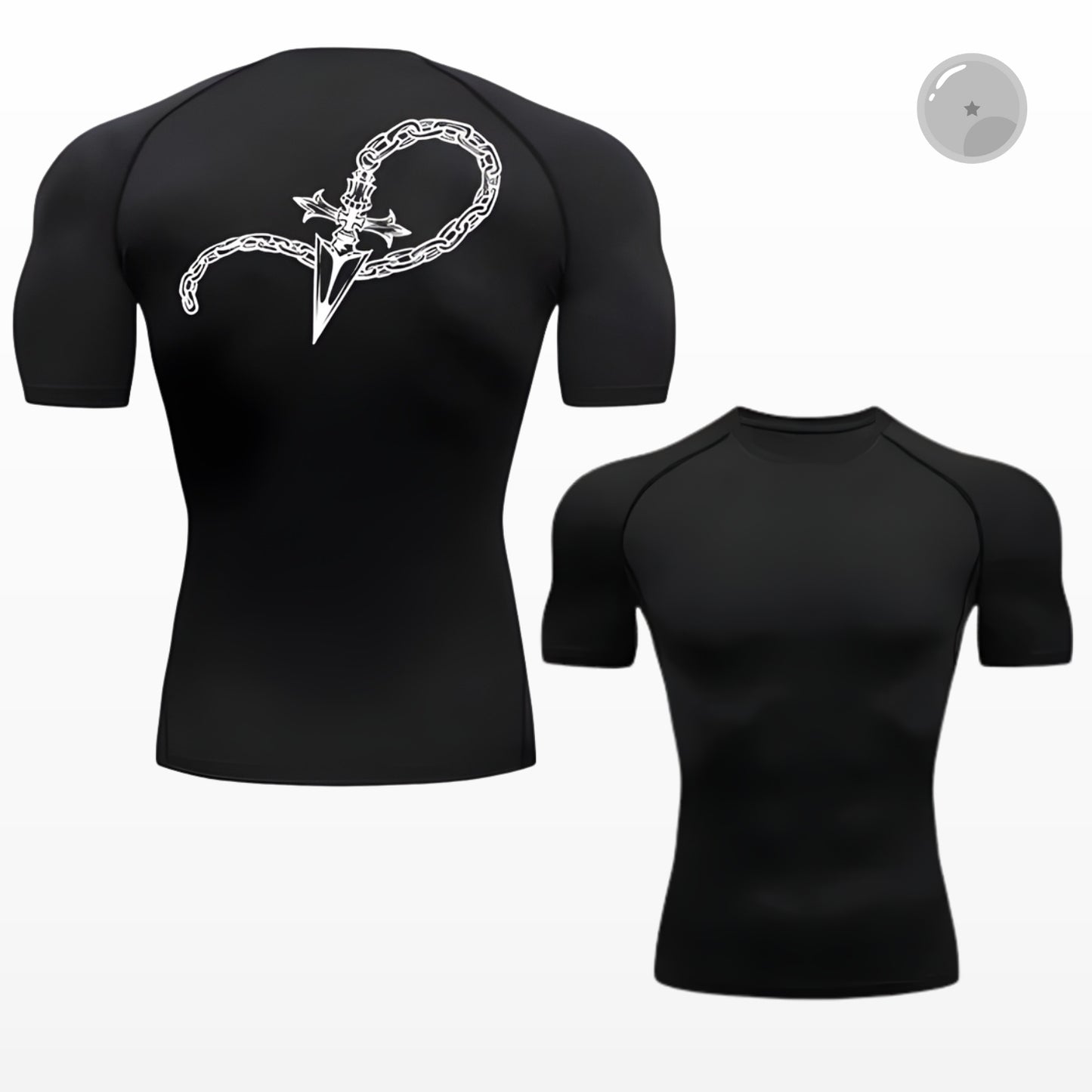 Black athletic shirt with white graphic design on a white background