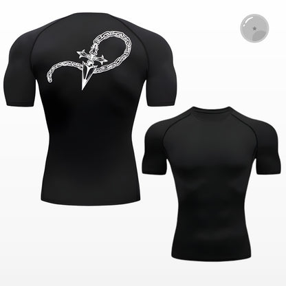 Black athletic shirt with white graphic design on a white background