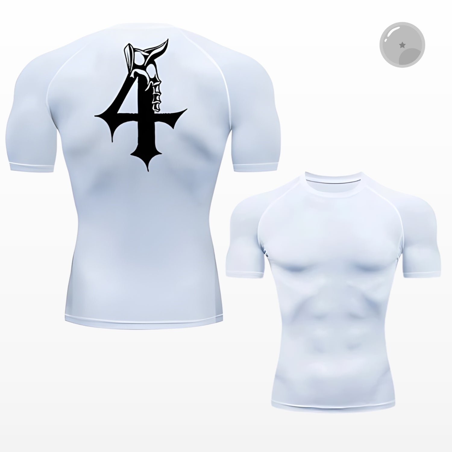 White athletic shirt with black logo on a white background