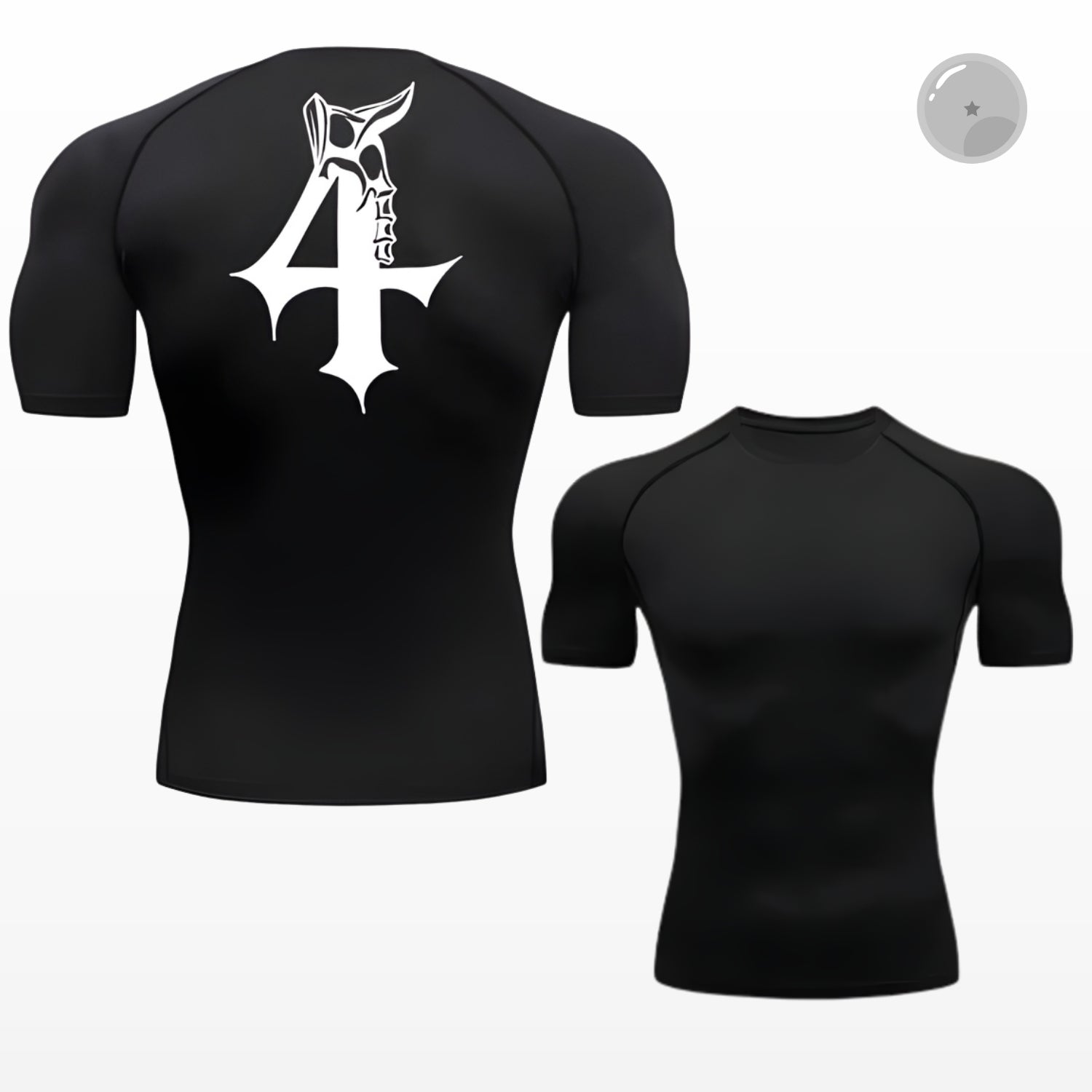 Black athletic shirt with a white logo on a white background