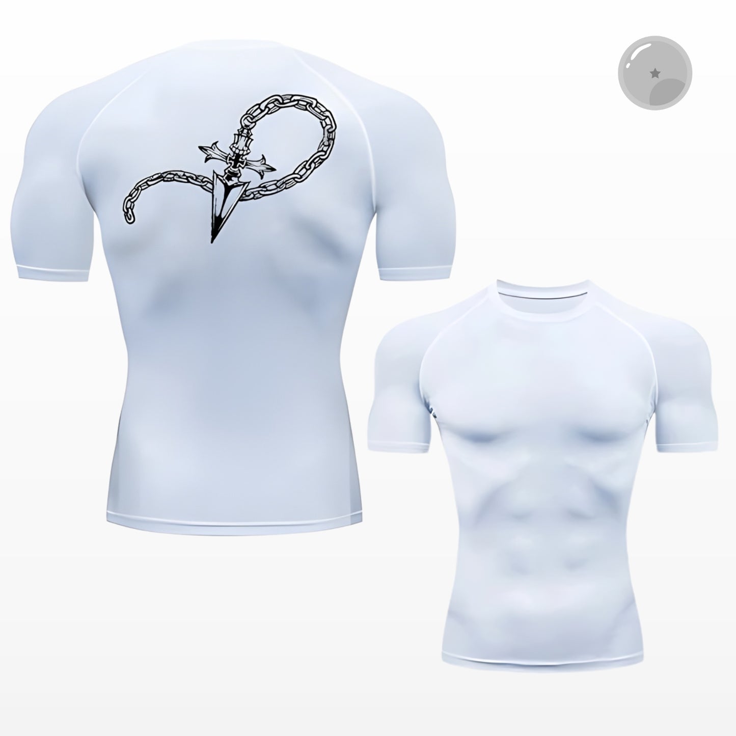 White t-shirt with black graphic design on a white background