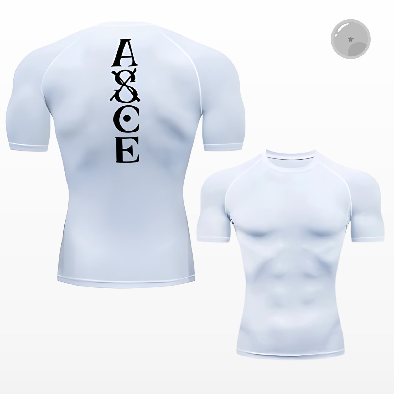 White t-shirt with black logo on the back, displayed from front and back views.