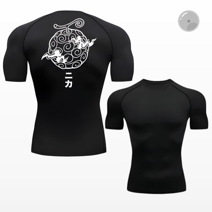 Black athletic shirt with white graphic design on a white background