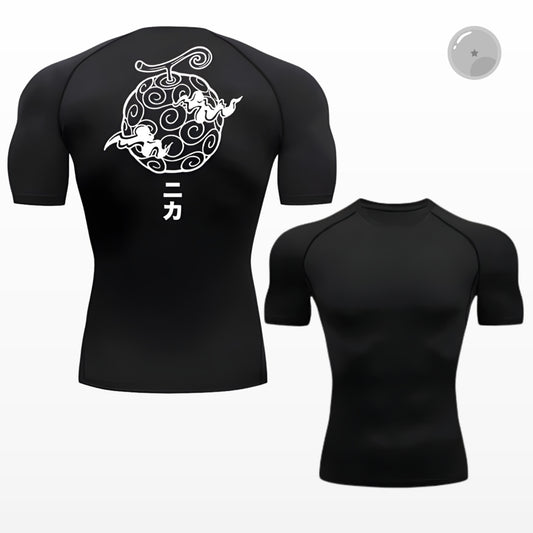 Black athletic shirt with white graphic design on a white background