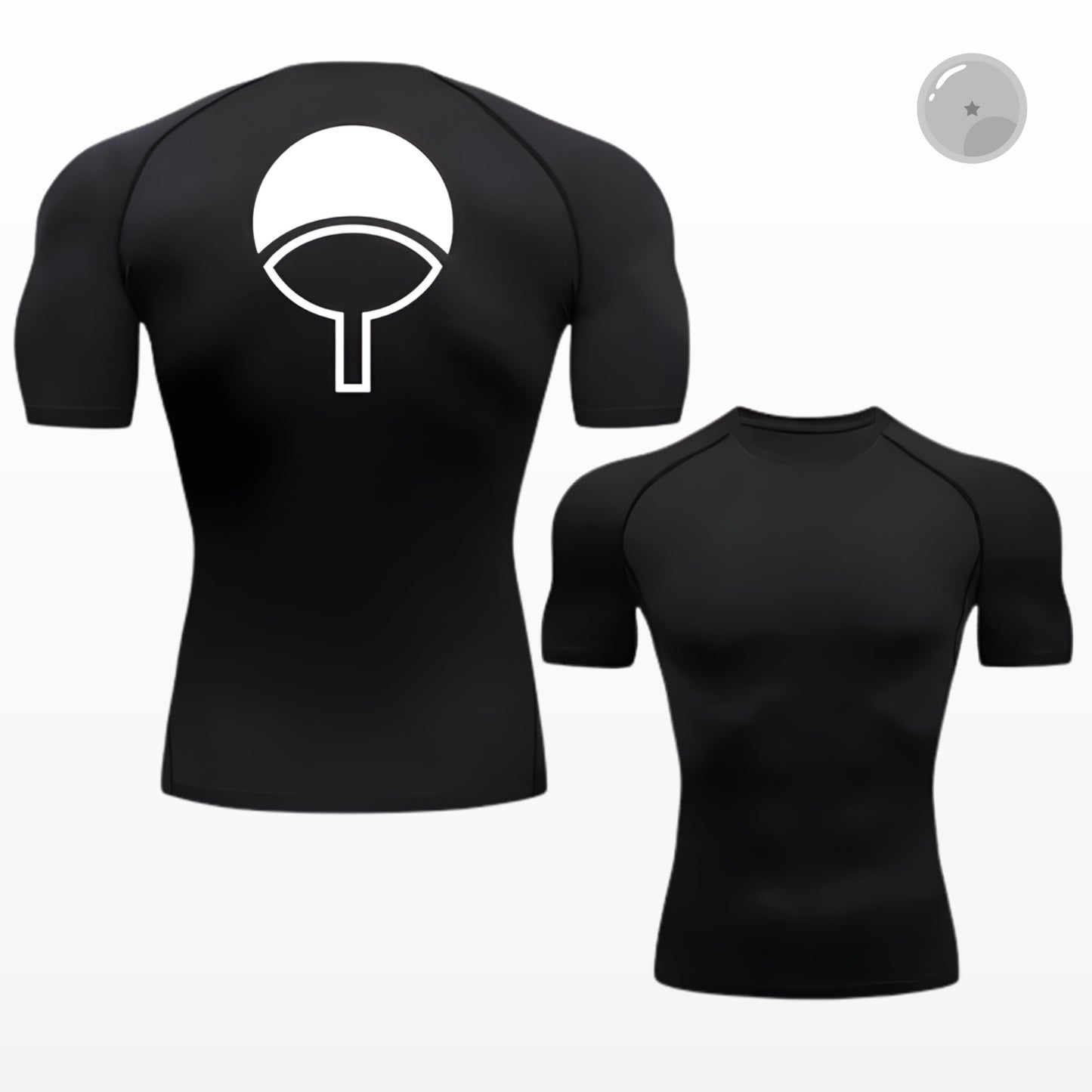 Black t-shirt with a white symbol on the back, shown from front and back views.