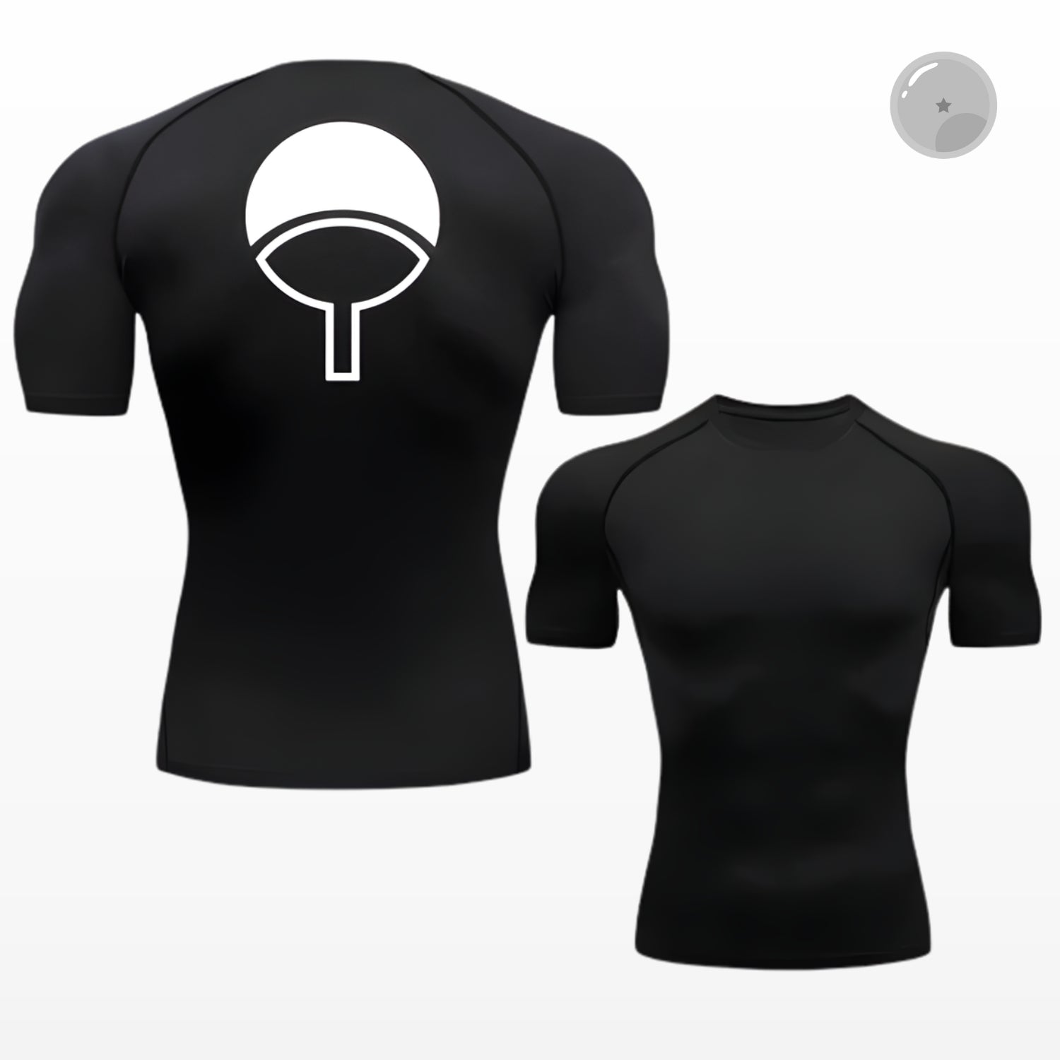 Black t-shirt with a white symbol on the back, shown from front and back views.