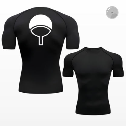 Black t-shirt with a white symbol on the back, shown from front and back views.