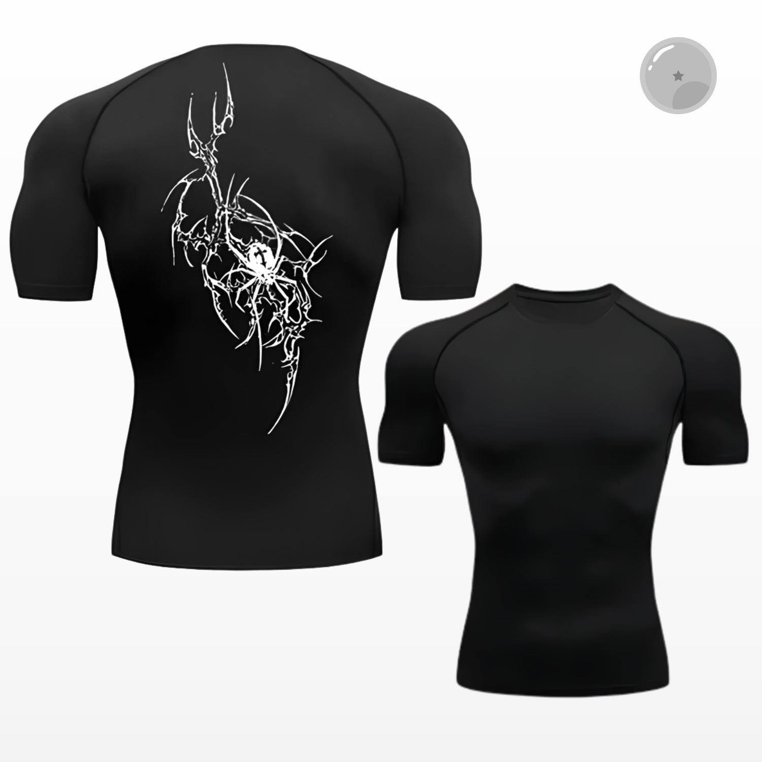 Black t-shirt with white graphic design on a white background