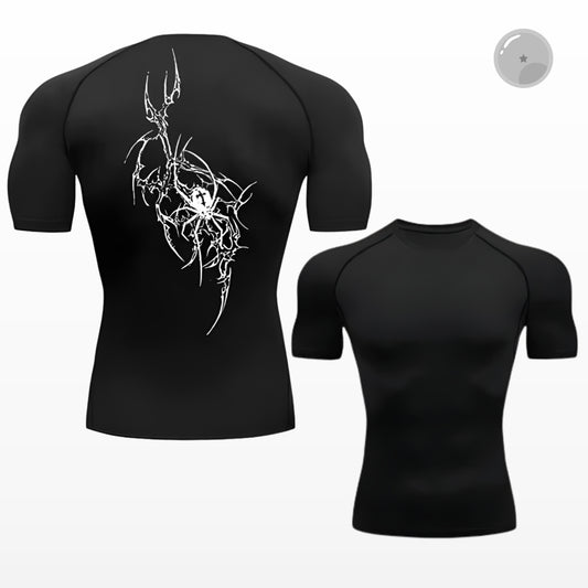 Black t-shirt with white graphic design on a white background