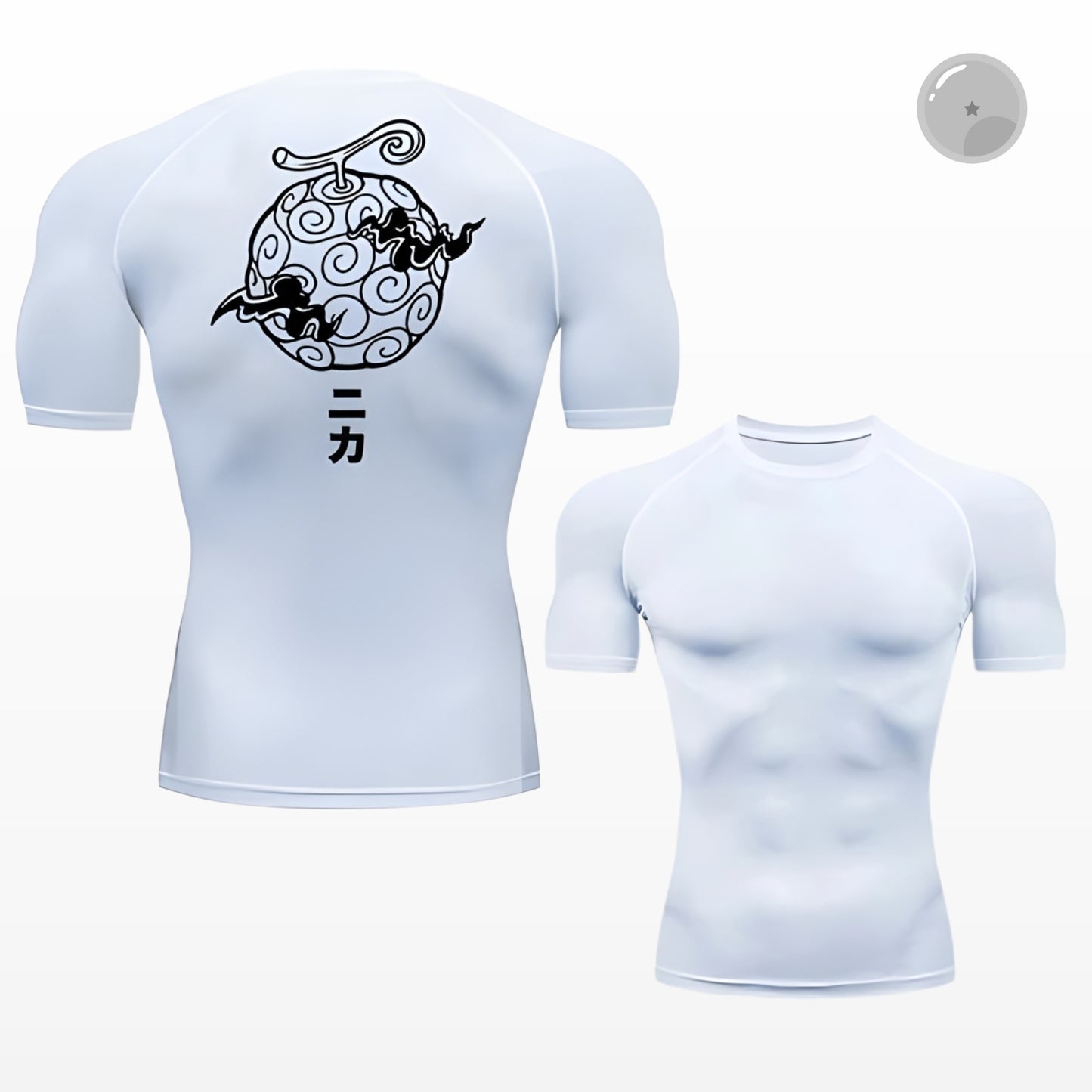 White athletic shirt with black graphic design on a white background
