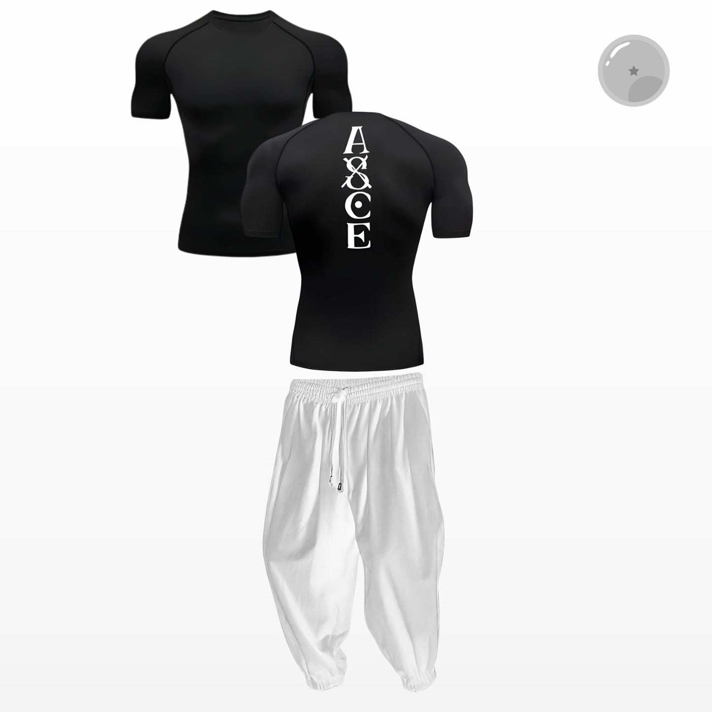 Black athletic shirt with 'AXCE' logo on the back, paired with white pants on a white background.