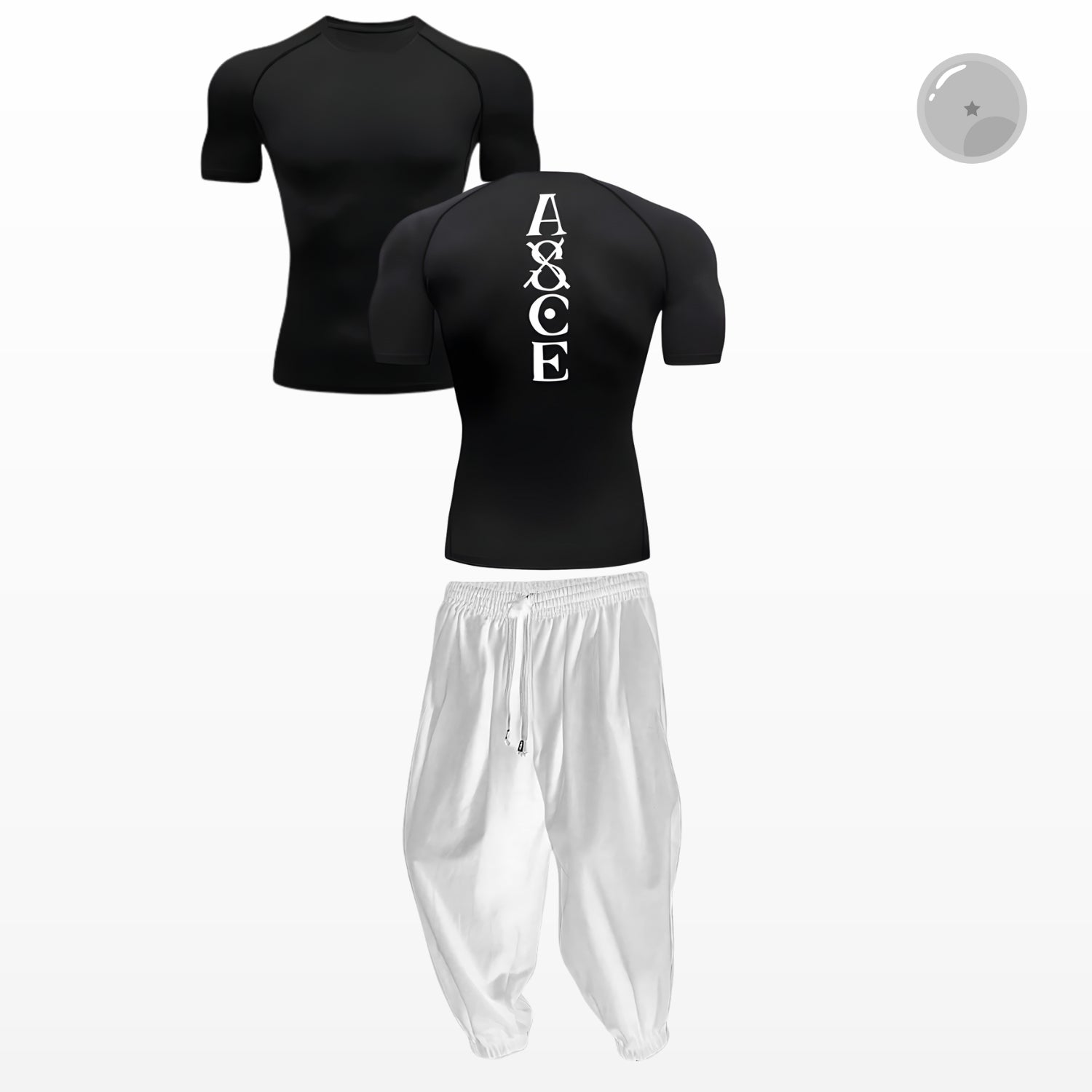Black athletic shirt with 'AXCE' logo on the back, paired with white pants on a white background.