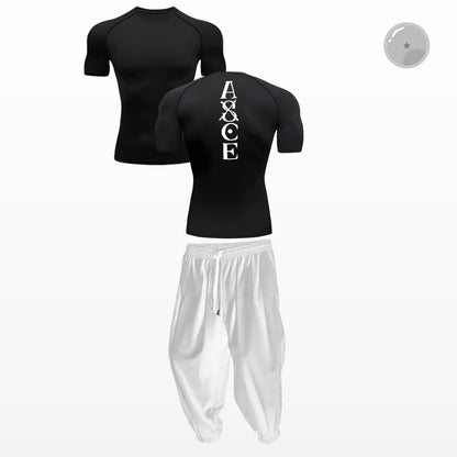 Black athletic shirt with 'AXCE' logo on the back, paired with white pants on a white background.