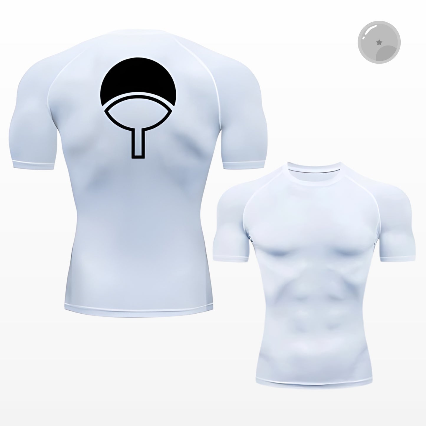 White t-shirt with black symbol on a white background