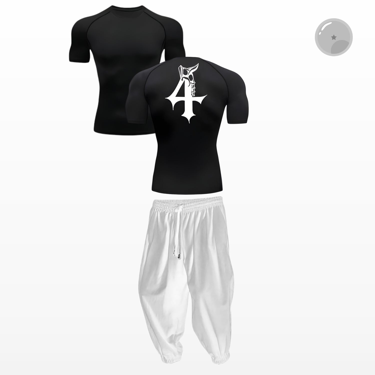 Black athletic shirt with white logo on front and back, paired with white pants on a white background