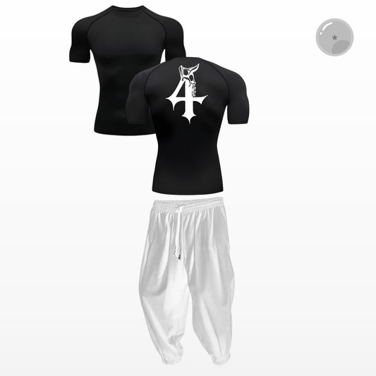 Black athletic shirt with white logo on front and back, paired with white pants on a white background