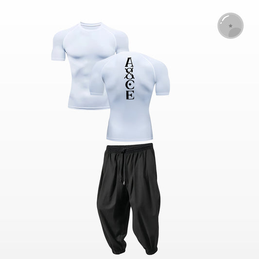 White athletic shirt with black logo and black pants on a white background