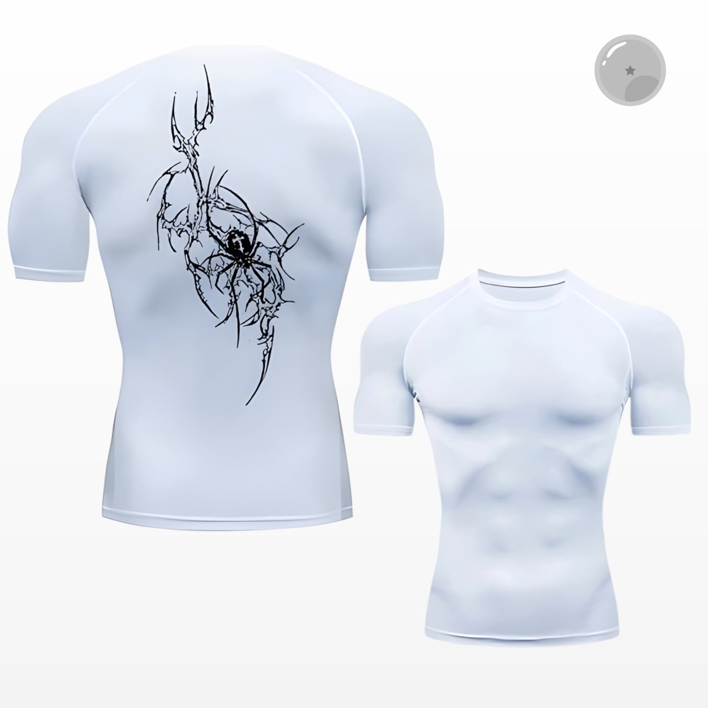 White t-shirt with black spider design on the back, shown from front and side views.