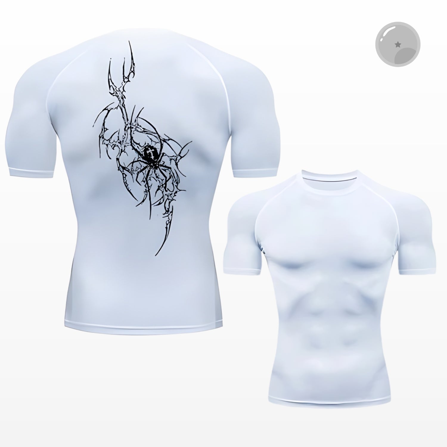 White t-shirt with black spider design on the back, shown from front and side views.