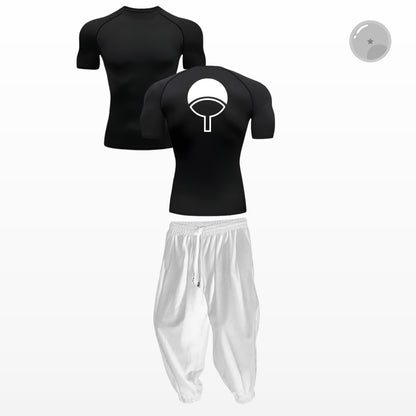 Black athletic shirt with a white symbol on the back, paired with white pants on a white background.