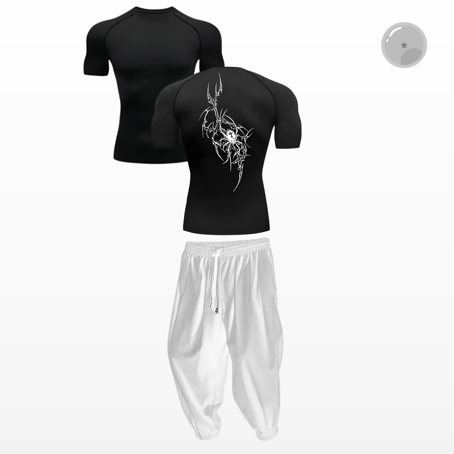 Black athletic shirt with white design on the back and white pants on a white background