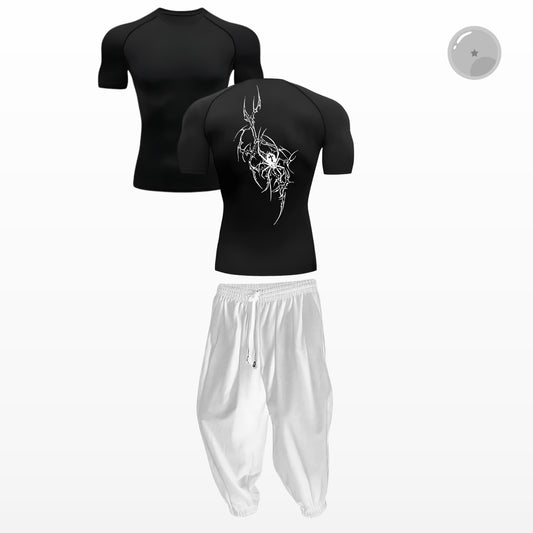 Black athletic shirt with white design on the back and white pants on a white background