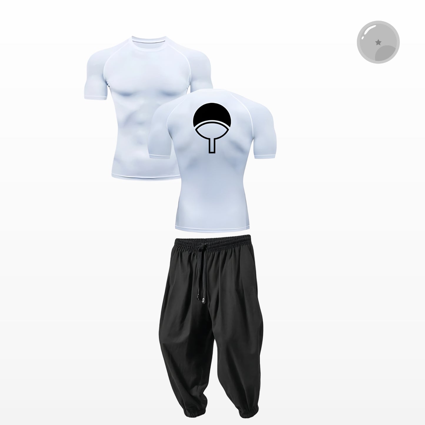 Light blue t-shirt with a black symbol and black pants on a white background