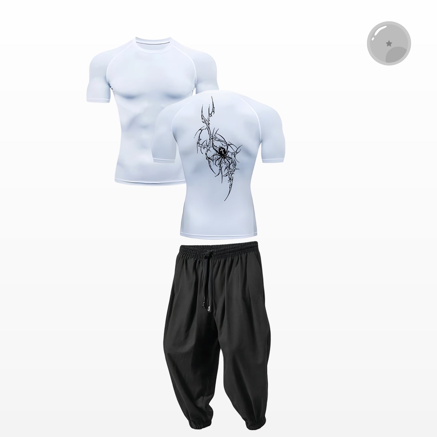 Light blue t-shirt with graphic design and black pants on a white background